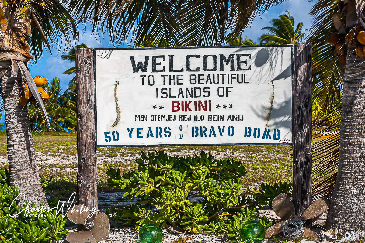 Welcome sign at the Enyu airstrip on Bikini Atoll, site of post-WWII nuclear bomb testing