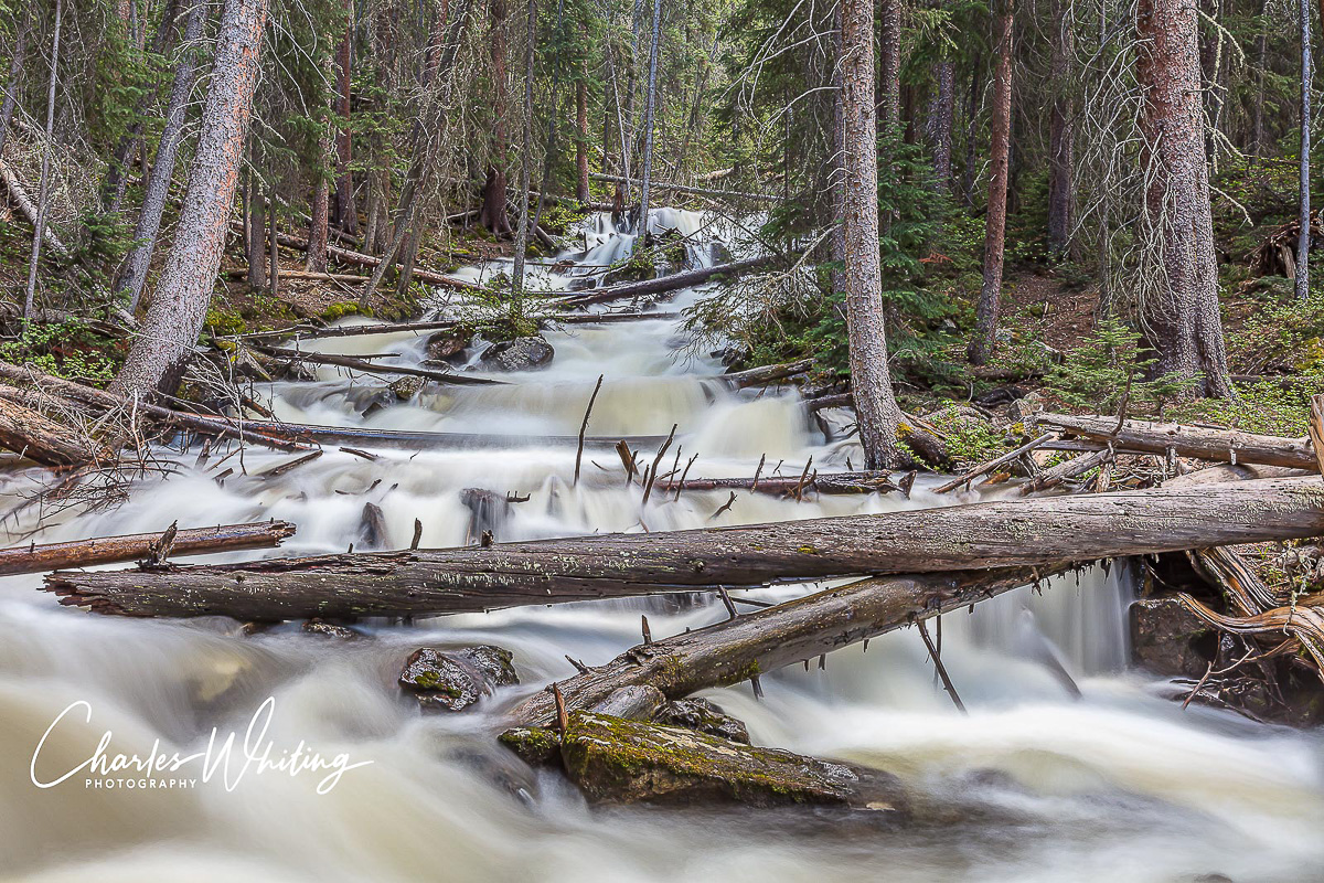 Cataract Falls at peak flow during the 2017 Spring snow melt, Lower Cataract Lake, Eagles Nest Wilderness, Summit County, Colorado...