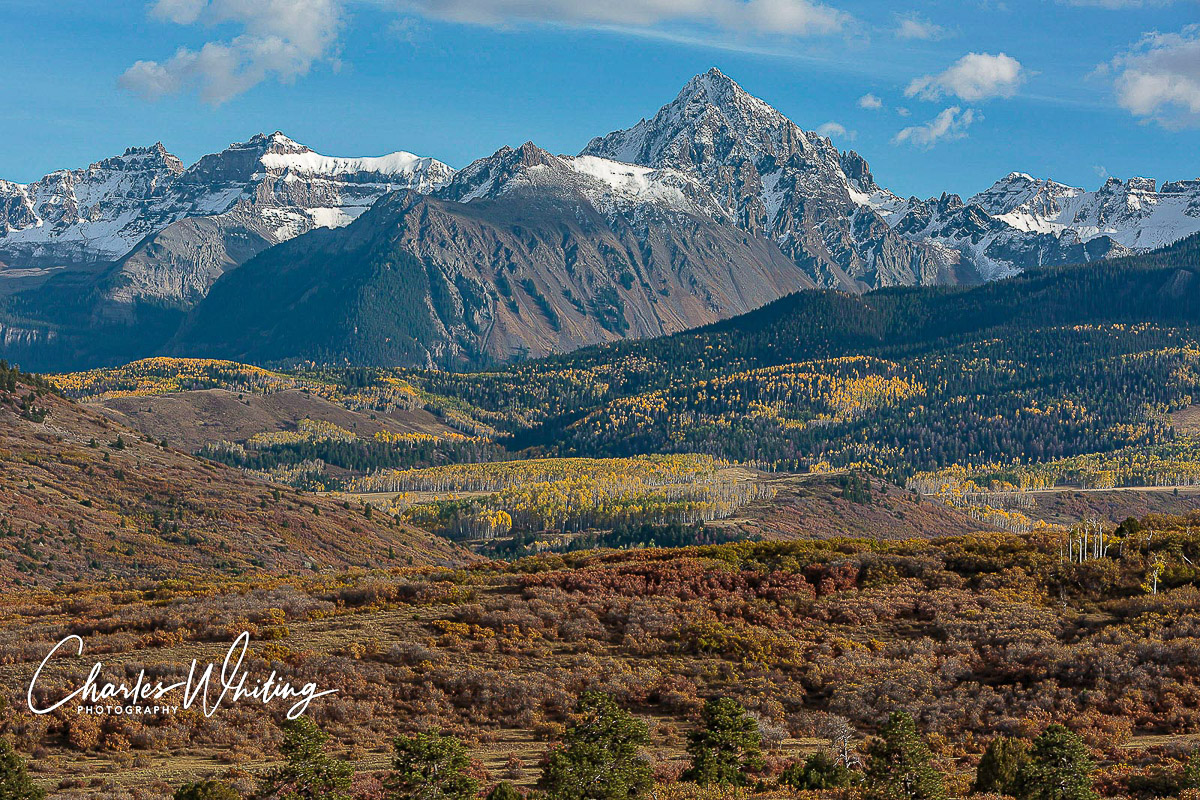 Early season snow covers the 14,157 foot peak of Mount Sneffels, Ridgeway, Colorado