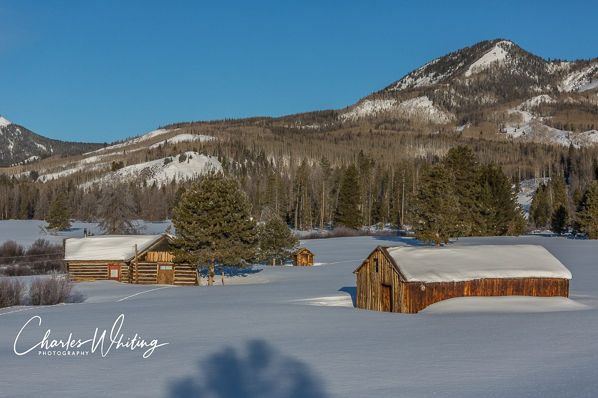 An old homestead covered in snow. Steamboat Springs, Colorado