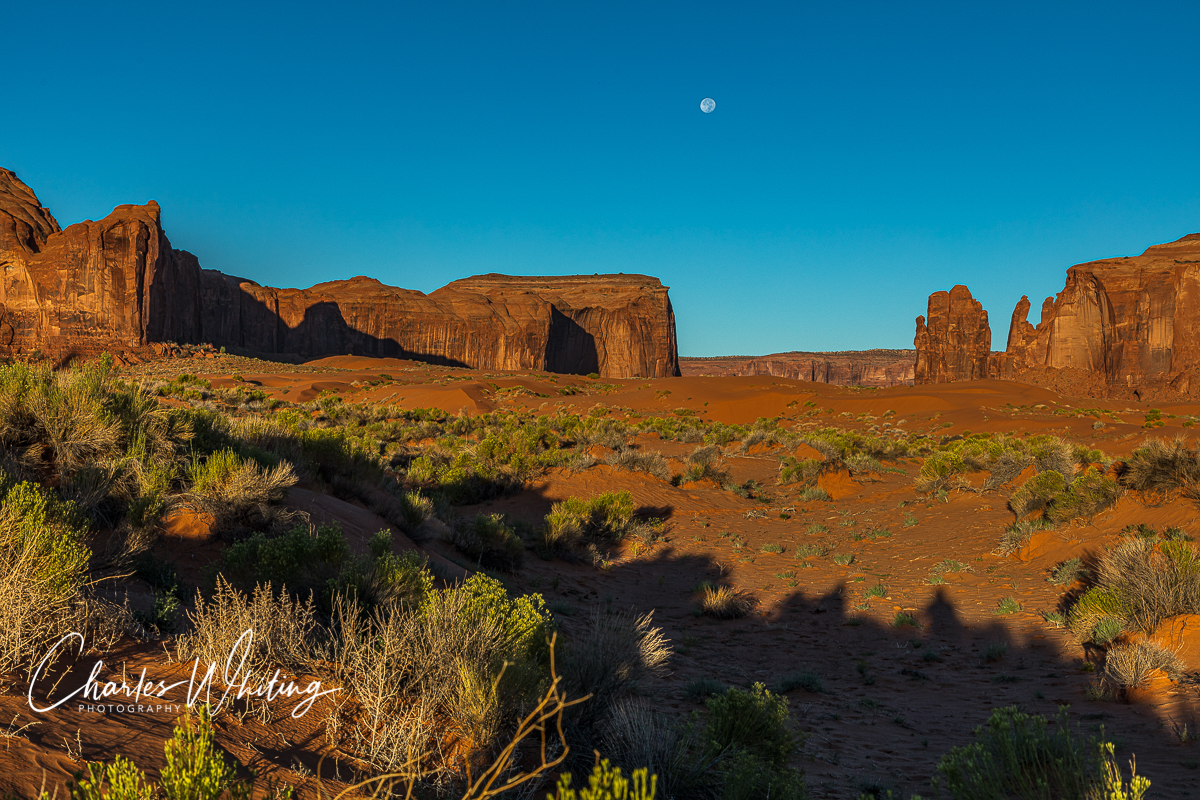 Early morning photograph of Thunderbird Mesa, the full moon, and The Hand of God